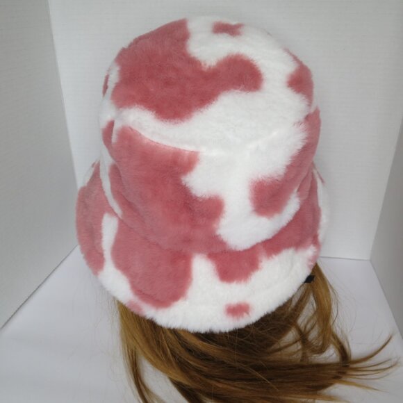 Pink and White Cow Print Faux Fur Fuzzy Bucket Hat - Picture 5 of 6
